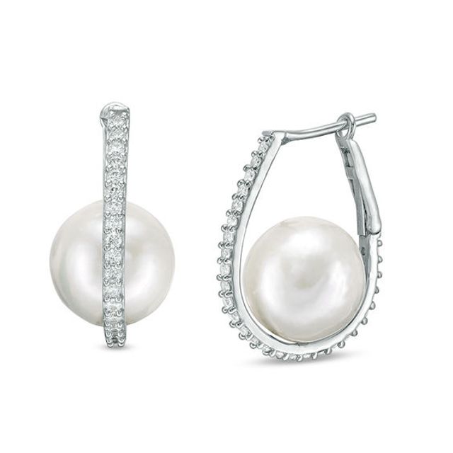 12.0-13.0mm Freshwater Cultured Pearl and Lab-Created White Sapphire Cradle Oval Hoop Earrings in Sterling Silver