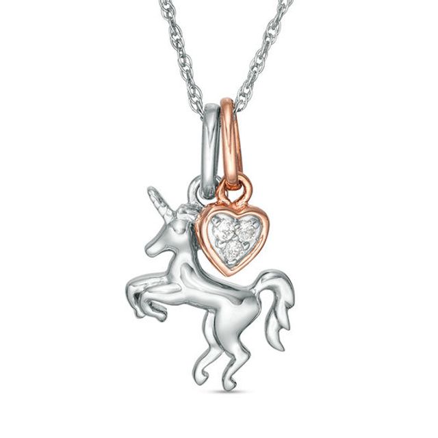 1/20 CT. T.w. Diamond Unicorn and Heart Charms Pendant in Sterling Silver and 10K Rose Gold