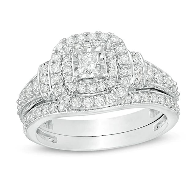 1 CT. T.w. Princess-Cut Diamond Double Frame Collar Vintage-Style Bridal Set in 10K White Gold