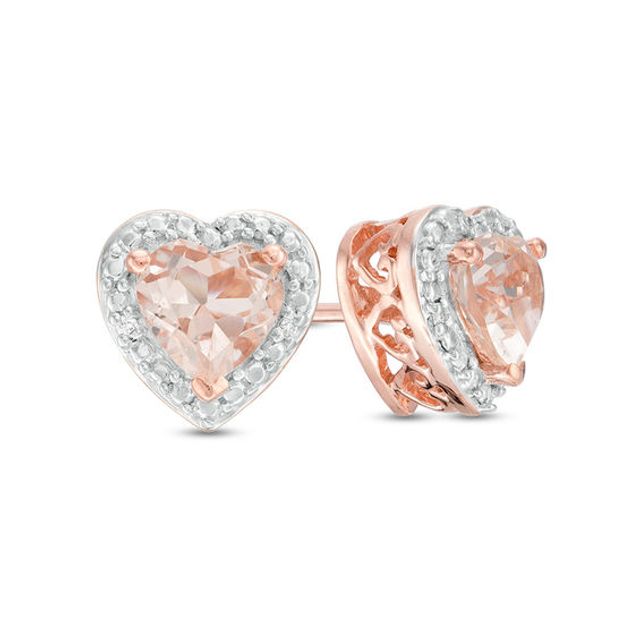 5.0mm Heart-Shaped Morganite and Diamond Accent Bead Frame Stud Earrings in Sterling Silver with 14K Rose Gold Plate