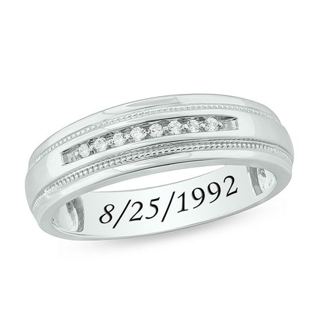 Men's 1/15 CT. T.w. Diamond Milgrain Stepped Edge Engravable Wedding Band in Sterling Silver (1 Line)