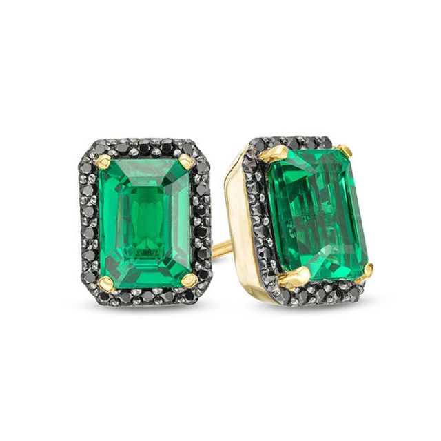 Emerald-Cut Lab-Created Emerald and 1/4 CT. T.w. Black Diamond Frame Stud Earrings in 10K Gold