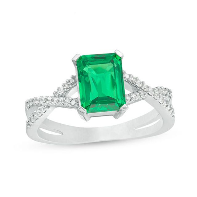 Emerald-Cut Lab-Created Emerald and 1/10 CT. T.w. Diamond Criss-Cross Split Shank Ring in 10K White Gold