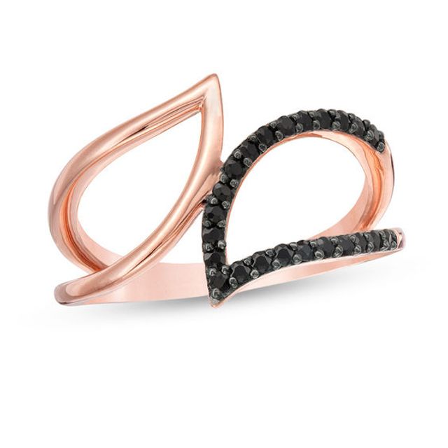 Black Spinel Open Leaves Bypass Ring in Sterling Silver with 14K Rose Gold Plate