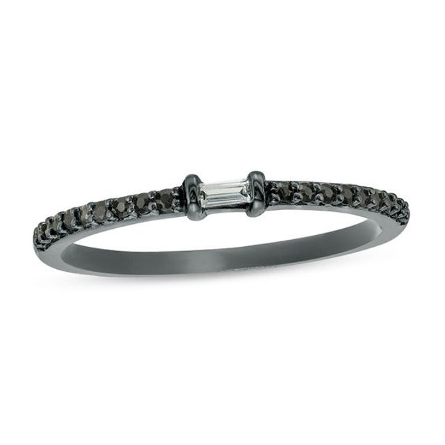 Black Spinel and Baguette Diamond Accent Stack Ring in Sterling Silver with Black Rhodium