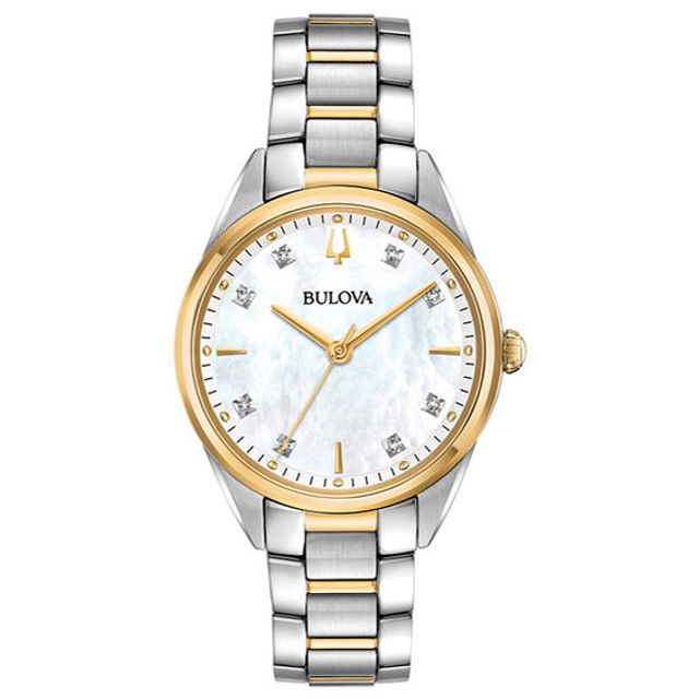 Ladies' Bulova Sutton Diamond Accent Two-Tone Watch with Mother-of-Pearl Dial (Model: 98P184)