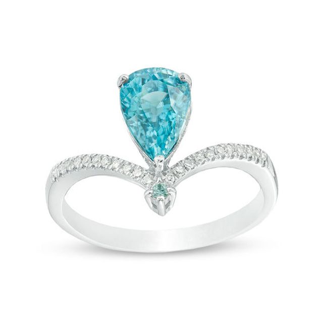 Pear-Shaped and Round Blue Zircon with 1/20 CT. T.w. Diamond Chevron Ring in 14K White Gold