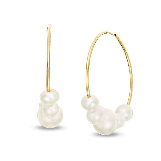 4.0 - 6.5mm Cultured Freshwater Pearl Five Stone Hoop Earrings in 10K Gold