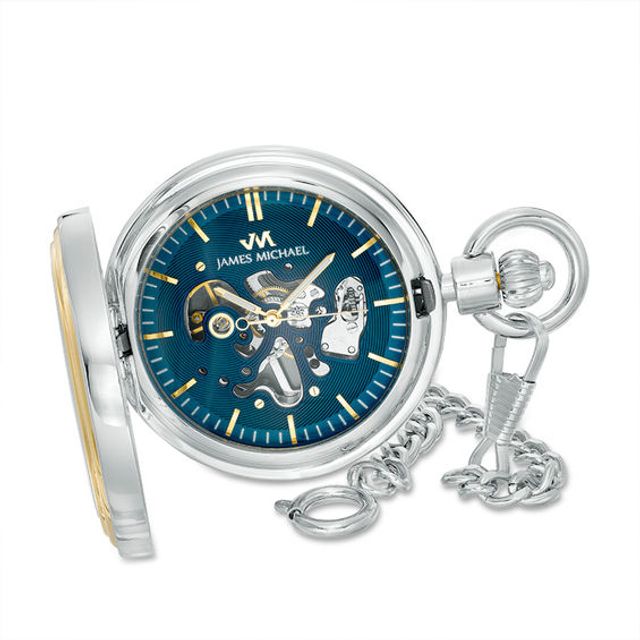 Men's James Michael Two-Tone Pocket Watch with Blue Skeleton Dial (Model: Pma181044C)