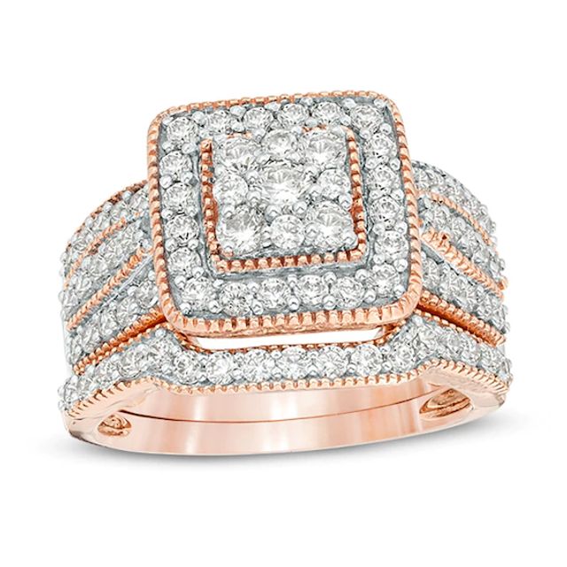 1-1/4 CT. T.w. Multi-Diamond Square Frame Vintage-Style Multi-Row Bridal Set in 10K Rose Gold