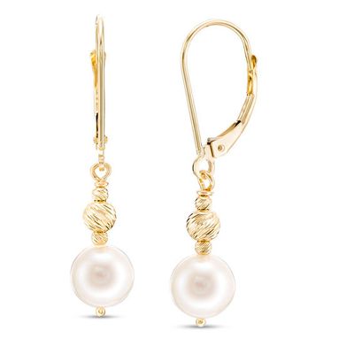 7.5-8.0mm Freshwater Cultured Pearl and Brilliance Bead Drop Earrings in 10K Gold