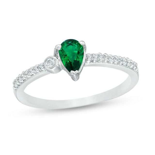 Pear-Shaped Lab-Created Emerald and 1/20 CT. T.w. Diamond Bezel-Set Side Accent Promise Ring in Sterling Silver