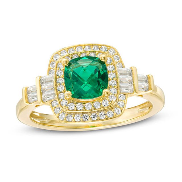 Cushion-Cut Lab-Created Emerald and White Sapphire Double Frame Art Deco Ring in Sterling Silver with 14K Gold Plate