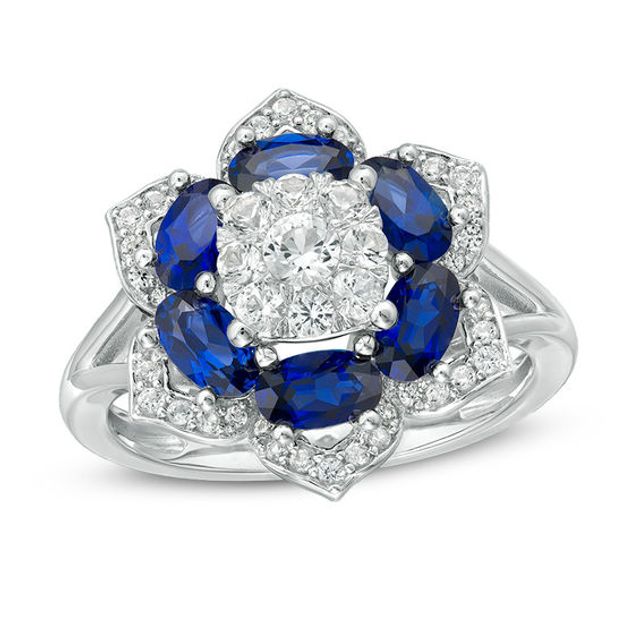 Lab-Created Blue and White Sapphire Flower Frame Ring in Sterling Silver