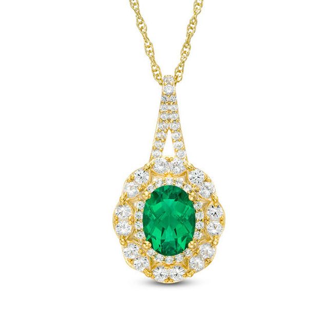 Oval Lab-Created Emerald and White Sapphire Double Frame Pendant in Sterling Silver with 14K Gold Plate