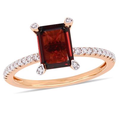 Emerald-Cut Garnet and 1/10 CT. T.w. Diamond Engagement Ring 10K Rose Gold