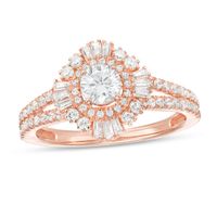 1 CT. T.w. Baguette and Round Diamond Starburst Frame Art Deco Engagement Ring in 14K Rose Gold