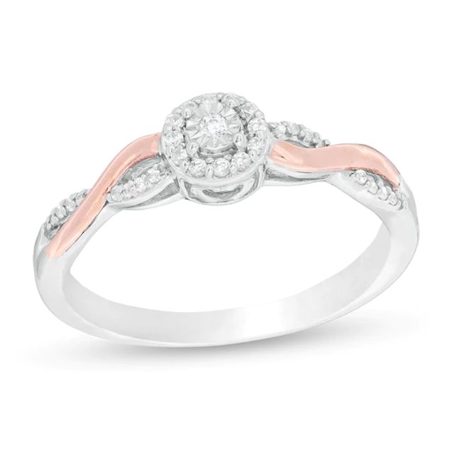 1/8 CT. T.w. Diamond Frame Twist Shank Promise Ring in Sterling Silver and 10K Rose Gold