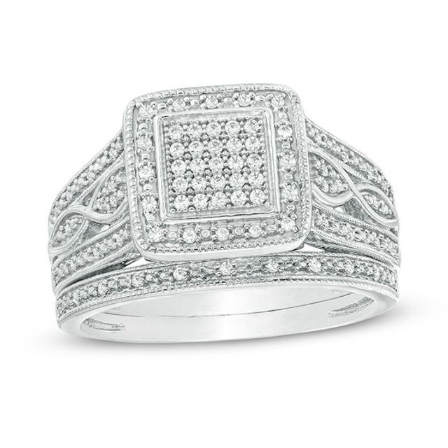 1/4 CT. T.w. Composite Diamond Square Frame Multi-Row Vintage-Style Bridal Set in Sterling Silver