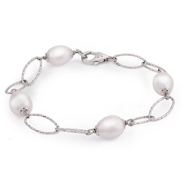 8.5 - 9.0mm Oval Cultured Freshwater Pearl Station and Diamond-Cut Link Bracelet in Sterling Silver
