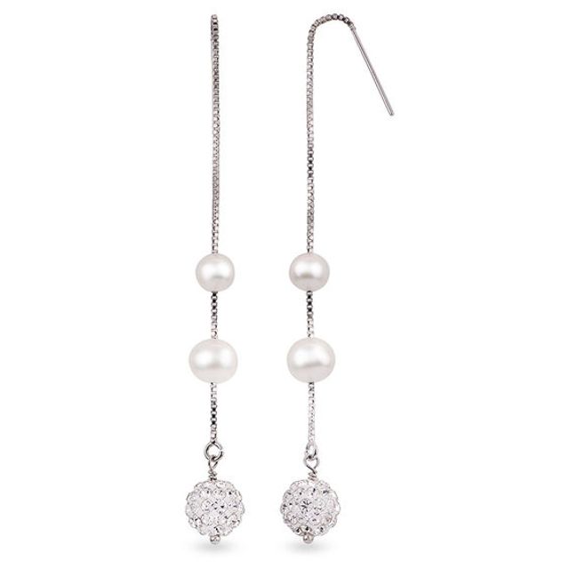 5.0-6.0mm Oval Freshwater Cultured Pearl and Crystal Station Threader Earrings in Sterling Silver