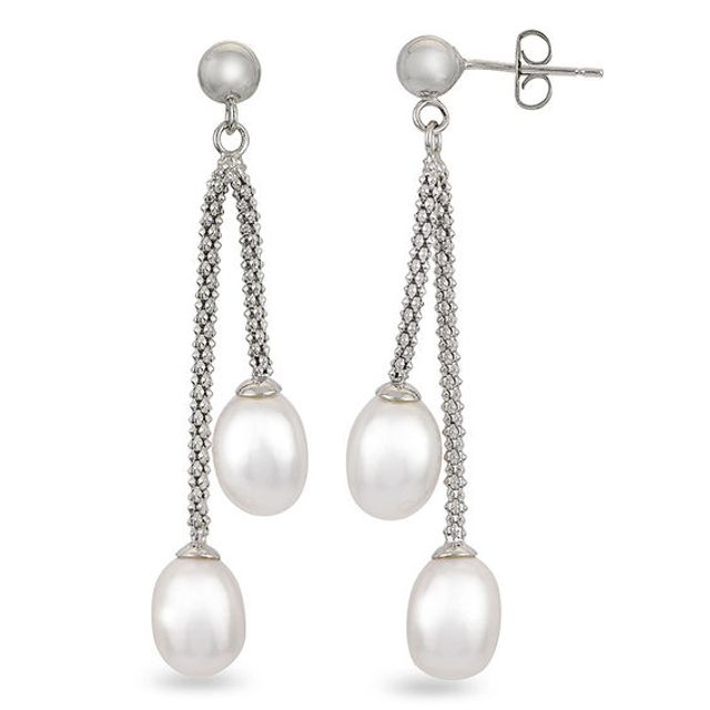 7.5-8.0mm Baroque Freshwater Cultured Pearl Double Strand Drop Earrings in Sterling Silver