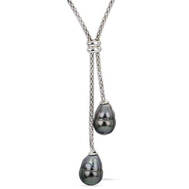 9.0-10.0mm Oval Black Cultured Tahitian Pearl Lariat Necklace in Sterling Silver - 16.5"