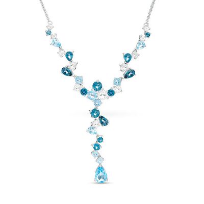 Multi-Shaped Blue and White Topaz Scattered "Y" Necklace in Sterling Silver - 17"