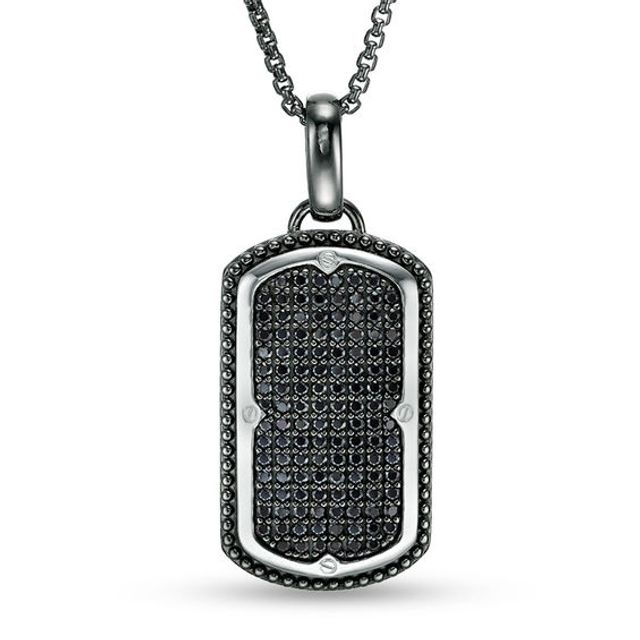 Men's Black Spinel Dog Tag Pendant in Two-Tone Sterling Silver - 24"