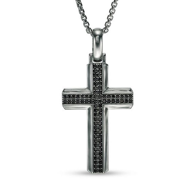 Men's Black Spinel Cross Pendant in Sterling Silver with Black Rhodium - 24"