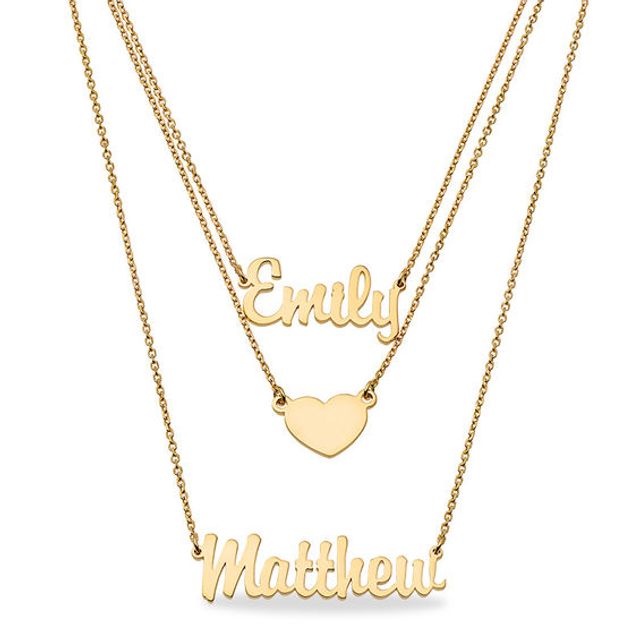 Couple's Script Name and Heart Disc Triple Strand Necklace (2 Names) - 19"