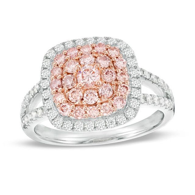 1 CT. T.w. Certified Pink and White Diamond Triple Cushion Frame Ring in 14K Two-Tone Gold (Fancy/I2)