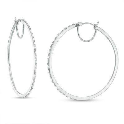 1/2 CT. T.w. Baguette and Round Diamond Alternating Hoop Earrings in 10K White Gold