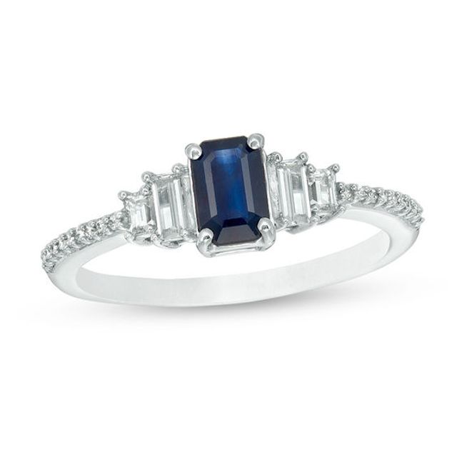 Emerald-Cut Lab-Created Blue and White Sapphire with 1/20 CT. T.w. Diamond Stepped Collar Ring in 10K White Gold