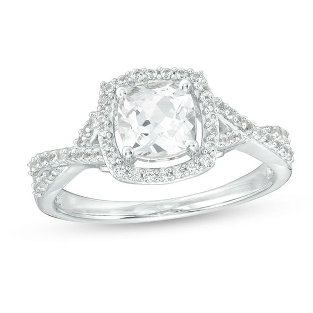 6.0mm Cushion-Cut Lab-Created White Sapphire Frame Crossover Shank Ring in Sterling Silver