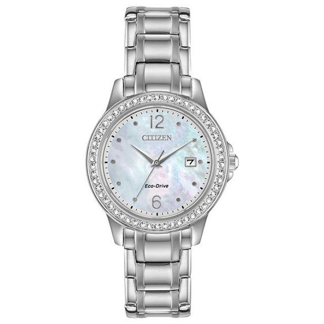 Ladies' Citizen Eco-DriveÂ® Crystal Accent Watch with Mother-of-Pearl Dial (Model: Fe1170-51N)