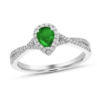 Pear-Shaped Emerald and 1/5 CT. T.w. Diamond Frame Crossover Engagement Ring in 18K White Gold