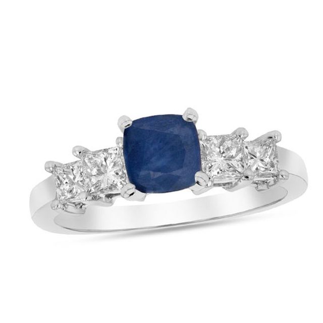 5.0mm Cushion-Cut Blue Sapphire and 5/8 CT. T.w. Princess-Cut Diamond Engagement Ring in 14K White Gold