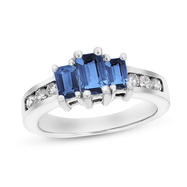 Emerald-Cut Blue Sapphire and 1/3 CT. T.w. Diamond Channel Three Stone Engagement Ring in 14K White Gold