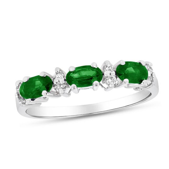 Sideways Oval Emerald and 1/10 CT. T.w. Diamond Three Stone Ring in 14K White Gold