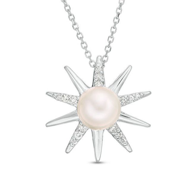 6.5mm Freshwater Cultured Pearl and 1/10 CT. T.w. Diamond Sunburst Pendant in 10K White Gold