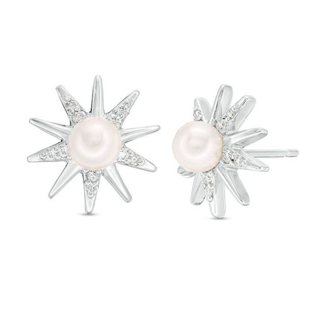 5.0mm Cultured Freshwater Pearl and 1/5 CT. T.w. Diamond Sunburst Stud Earrings in 10K White Gold