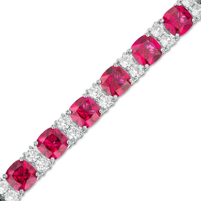 6.0mm Cushion-Cut Lab-Created Ruby and White Sapphire Alternating Tennis Bracelet in Sterling Silver - 7.25"