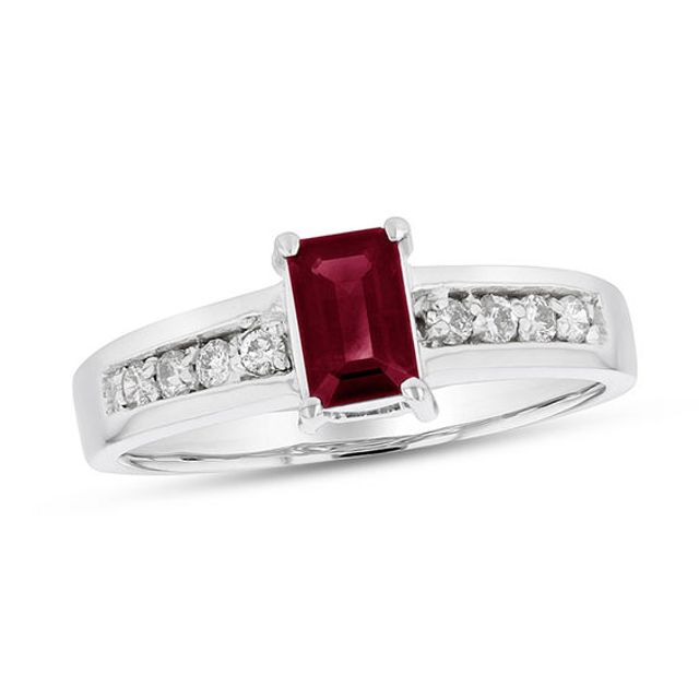 Emerald-Cut Ruby and 1/6 CT. T.w. Diamond Engagement Ring in 14K White Gold