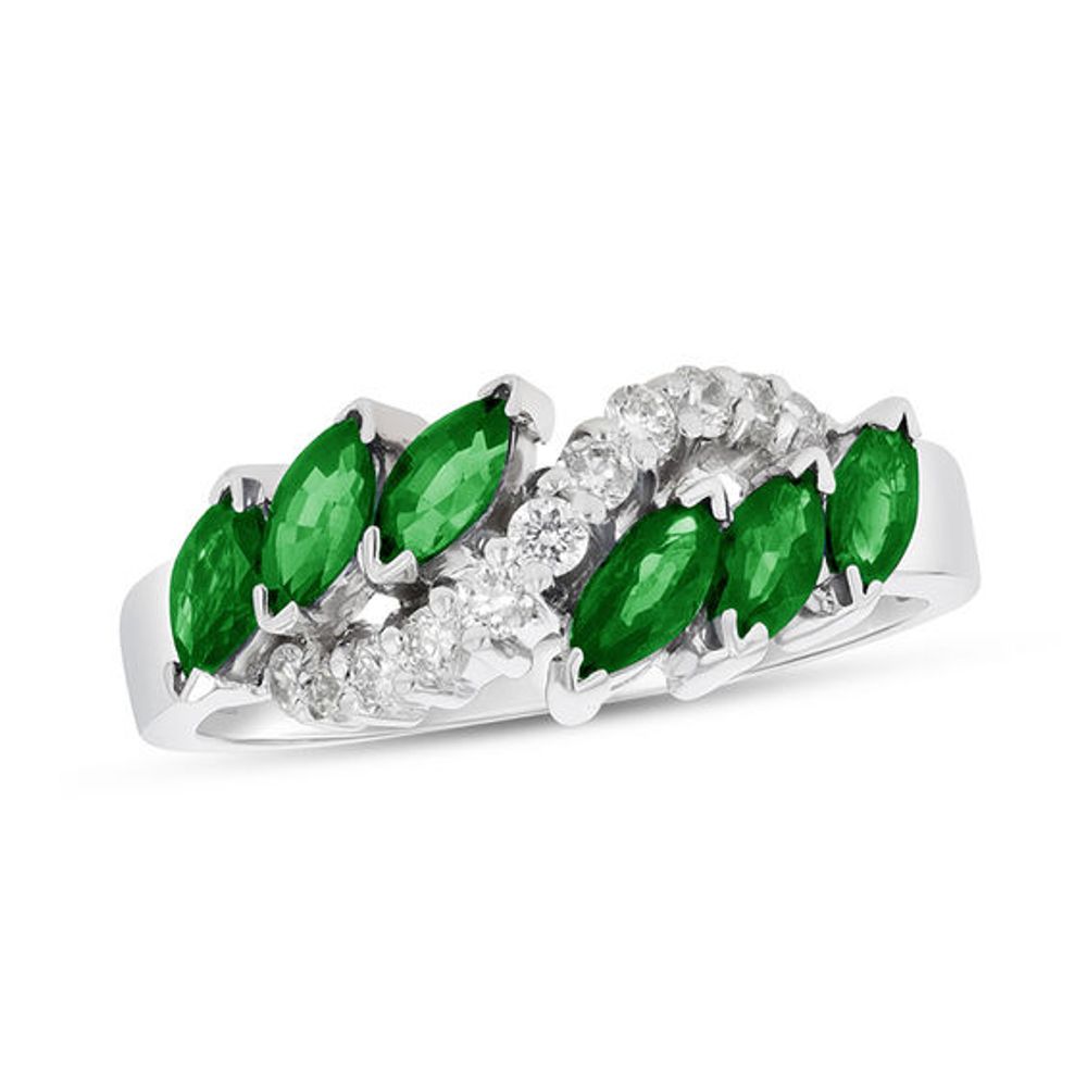 Marquise Emerald and 1/4 CT. T.w. Diamond Slant Ring in 14K White Gold