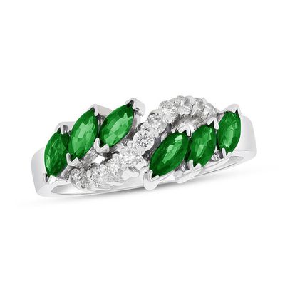 Marquise Emerald and 1/4 CT. T.w. Diamond Slant Ring in 14K White Gold