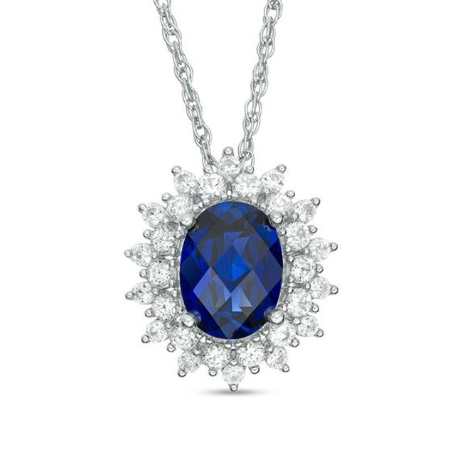 Oval Lab-Created Blue and White Sapphire Sunburst Frame Pendant in Sterling Silver