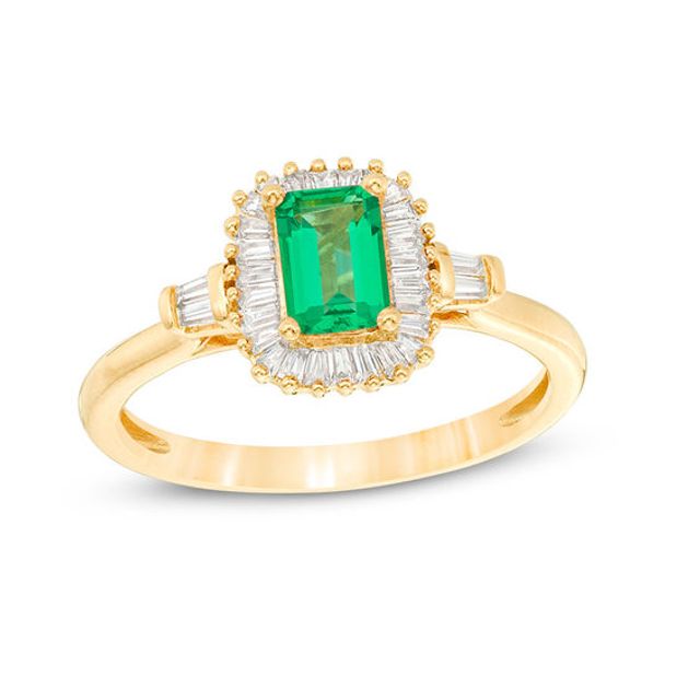 Emerald-Cut Lab-Created Emerald and White Sapphire Sunburst Frame Ring in Sterling Silver with 14K Gold Plate