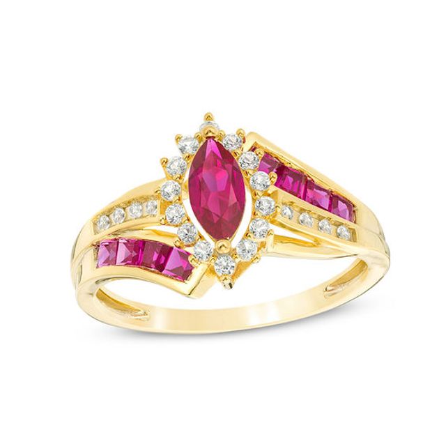 Marquise Ruby and 1/6 CT. T.w. Diamond Double Row Bypass Ring in 10K Gold