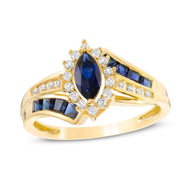 Marquise Blue Sapphire and 1/6 CT. T.w. Diamond Double Row Bypass Ring in 10K Gold